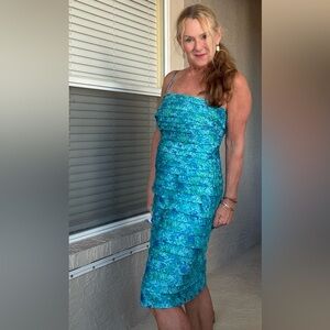 Calvin Klein Size 10 Blues/Greens Satin “Mermaid” Midi